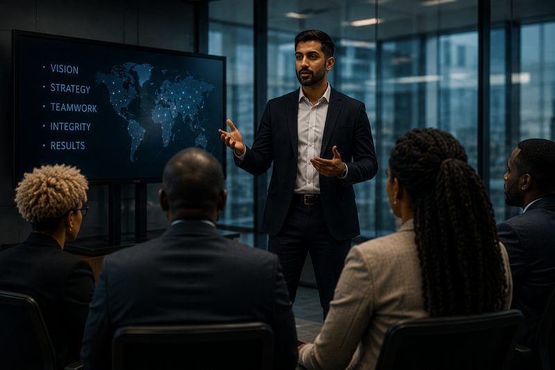 Leader presenting to a team in a boardroom
