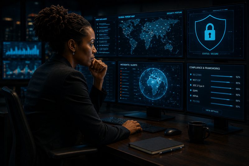 Analyst monitoring a security and risk dashboard